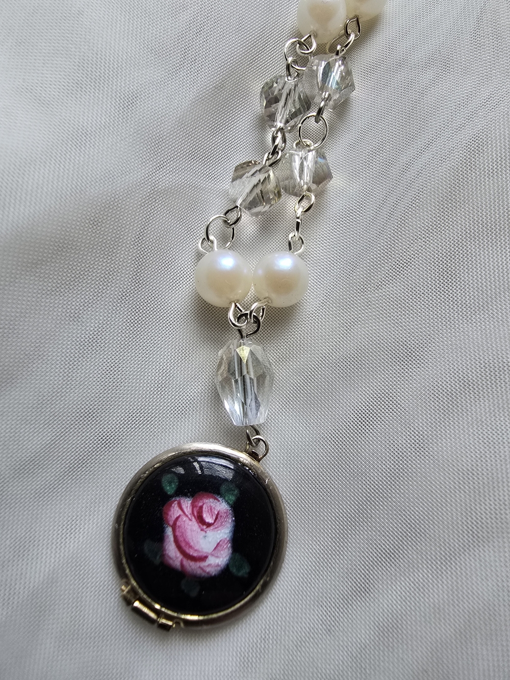 Hand-Painted Vintage Pink Rose Locket Necklace with Pearls